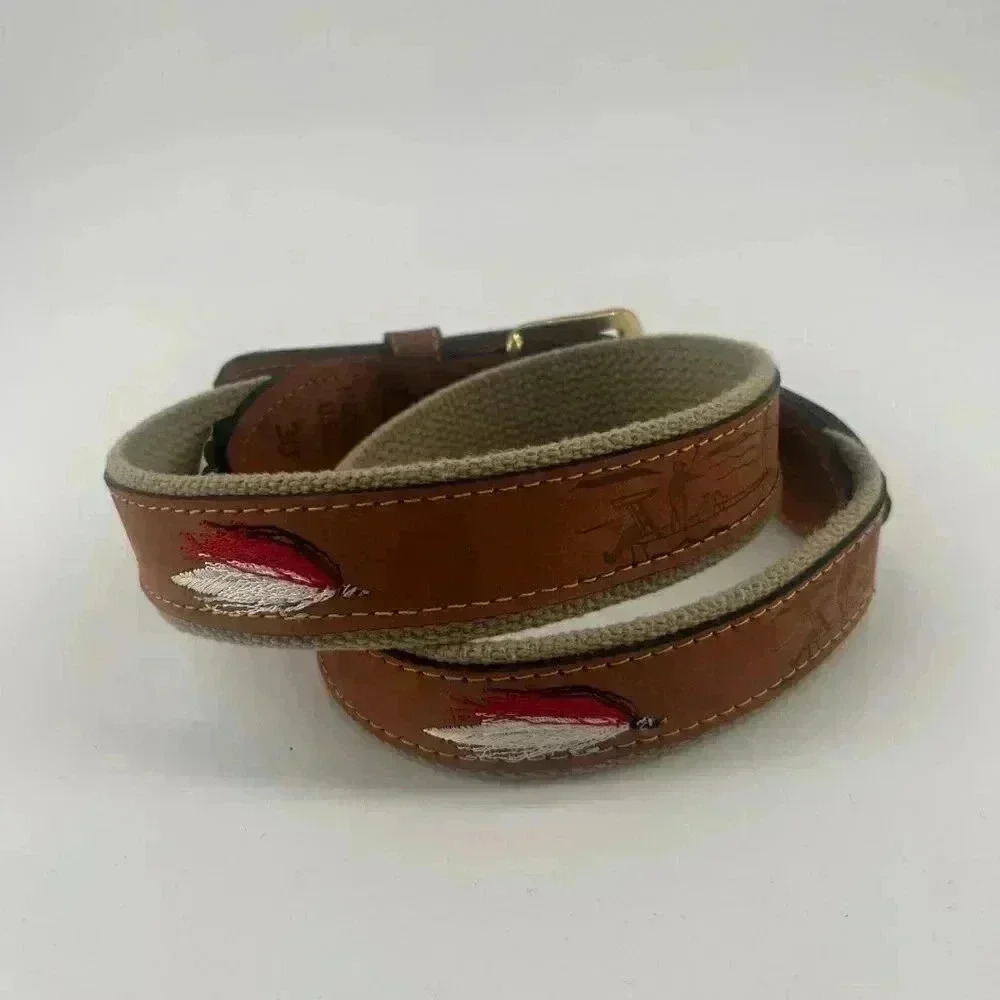 Zepplin Embossed Brown Tan Leather Belt with Embordered Fishing Lure Size 30